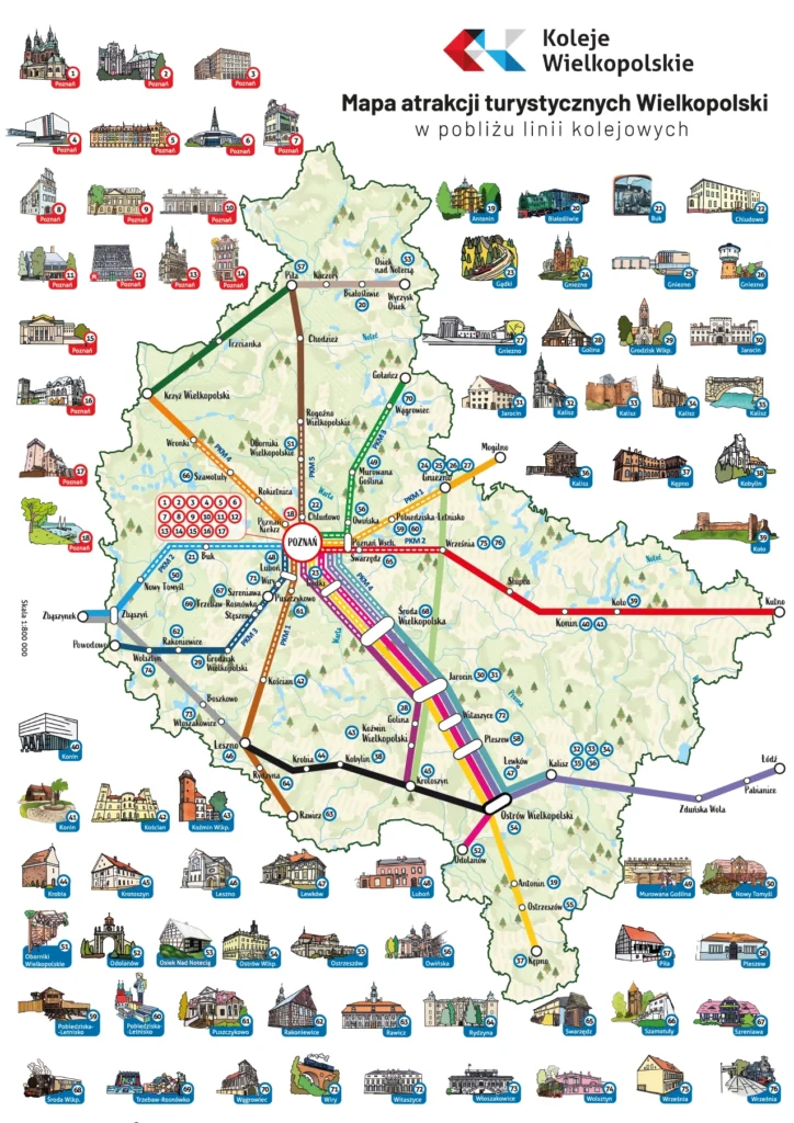 Mapa atrakcji turystycznych Wielkopolski z kolejami KW